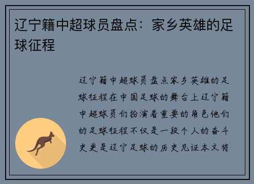 辽宁籍中超球员盘点：家乡英雄的足球征程